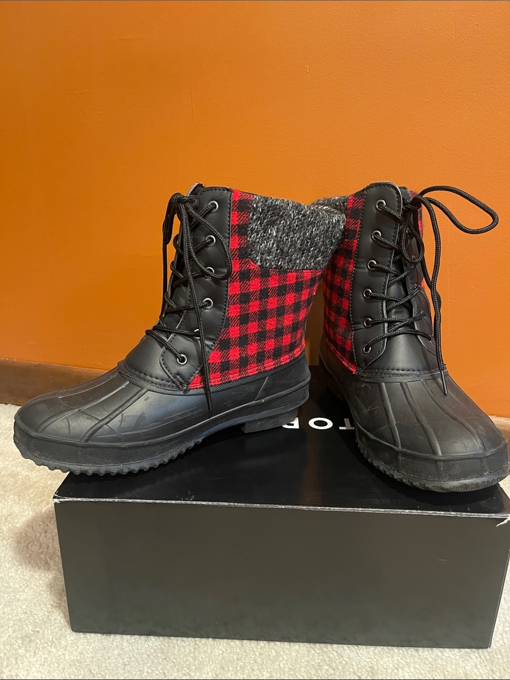 torrid Black and Red Plaid Lace-Up Duck Boots